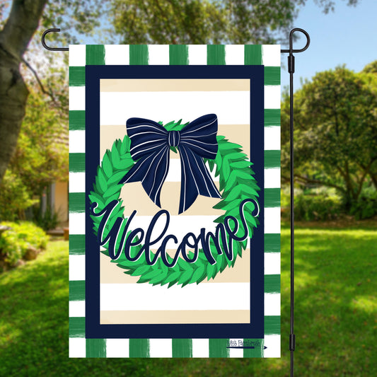 Welcome Wreath Navy and Green Double Sided Vinyl Garden Flag